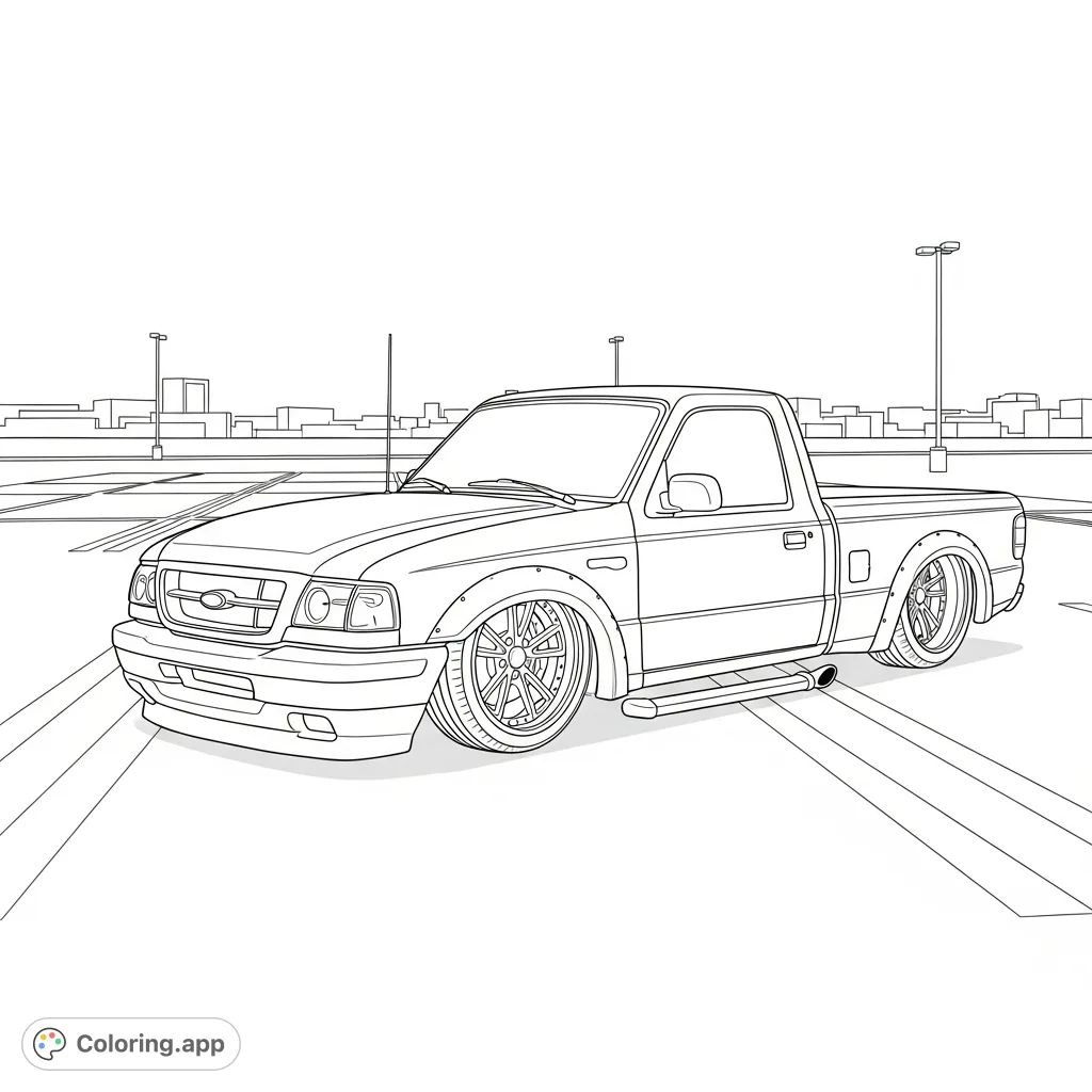Detailed 1998 Ford Ranger low rider parked in a lot, featuring lowered suspension, custom wheels, and iconic truck styling for an engaging coloring experience.