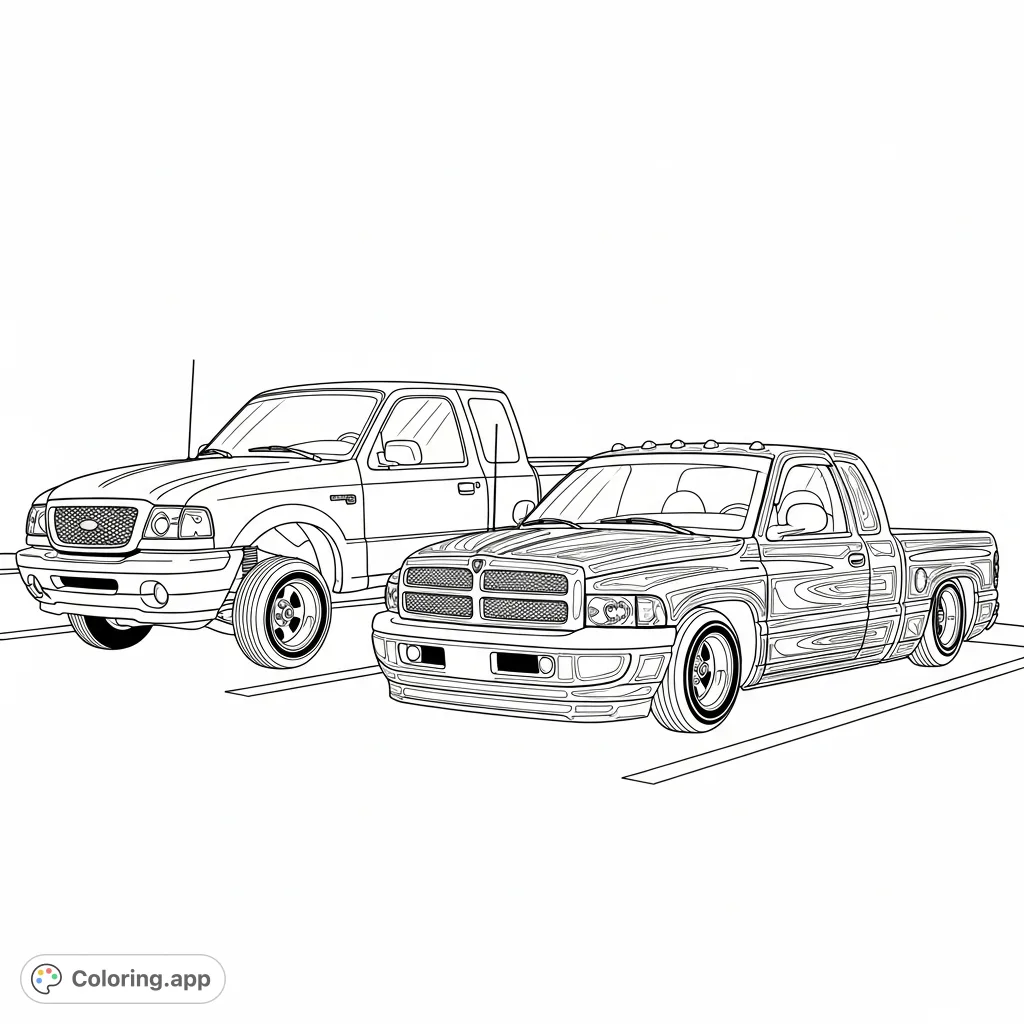 Experience the cool vibe of custom low rider trucks. A slammed 1998 Ford Ranger and a 1998 Dodge Ram with intricate custom paint await your creative touch.