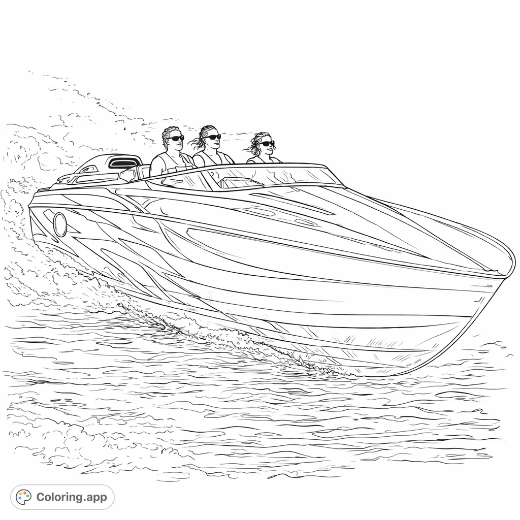 Experience the excitement of a high-speed adventure with this dynamic speedboat coloring page, perfect for all ages and skill levels.