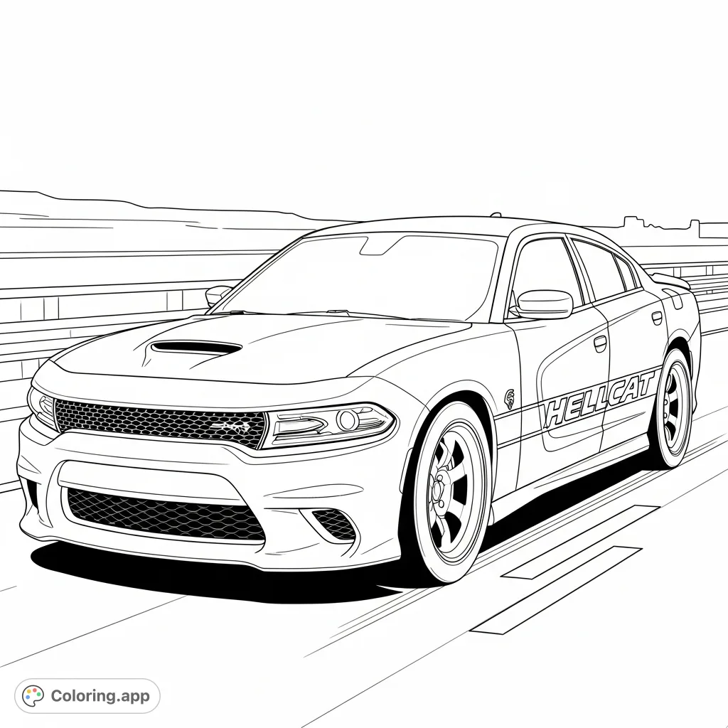 Capture the raw power of a 2020 SRT Hellcat Charger with its iconic side graphic, speeding down the road. A dynamic automotive coloring page for car enthusiasts.