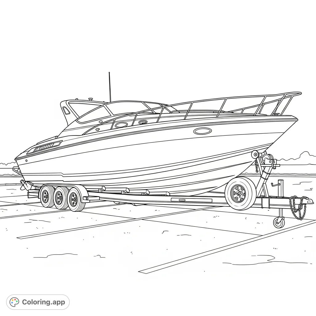 Color a detailed 2002 32 Sunsation Dominator performance boat on its trailer in a parking lot. A fantastic boat coloring page for vehicle enthusiasts!