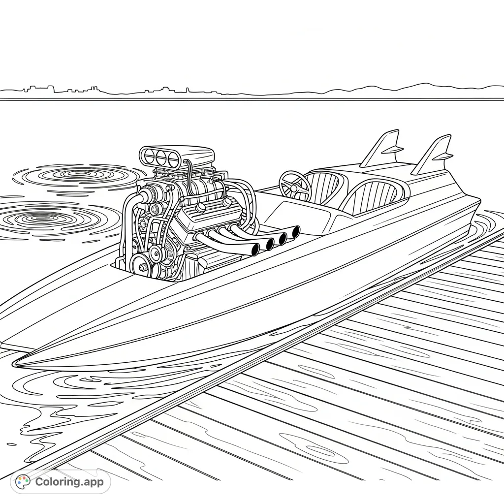 Explore a detailed vintage drag boat coloring page, showcasing a powerful exposed engine, sleek hull, and classic racing fins docked in a tranquil harbor.