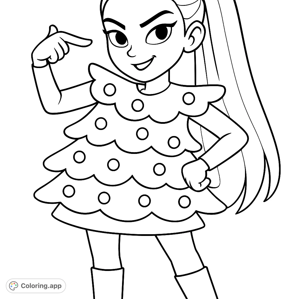 A cheerful girl in a whimsical tree-shaped dress adorned with festive ornaments, ready for holiday fun and creative coloring.