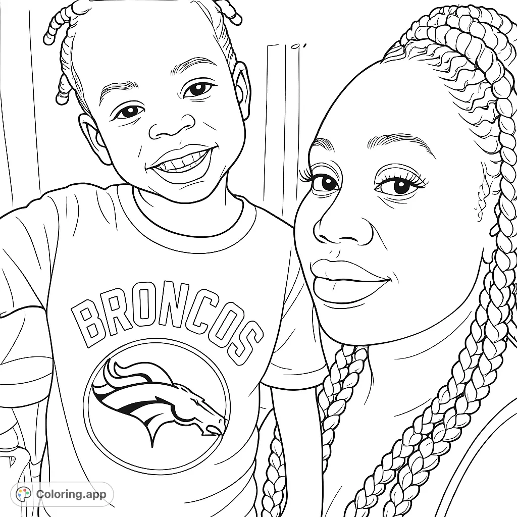 Capture a heartwarming moment with this Broncos fan family coloring page, featuring a mother and child sharing a joyful expression. Perfect for sports enthusiasts and family fun.