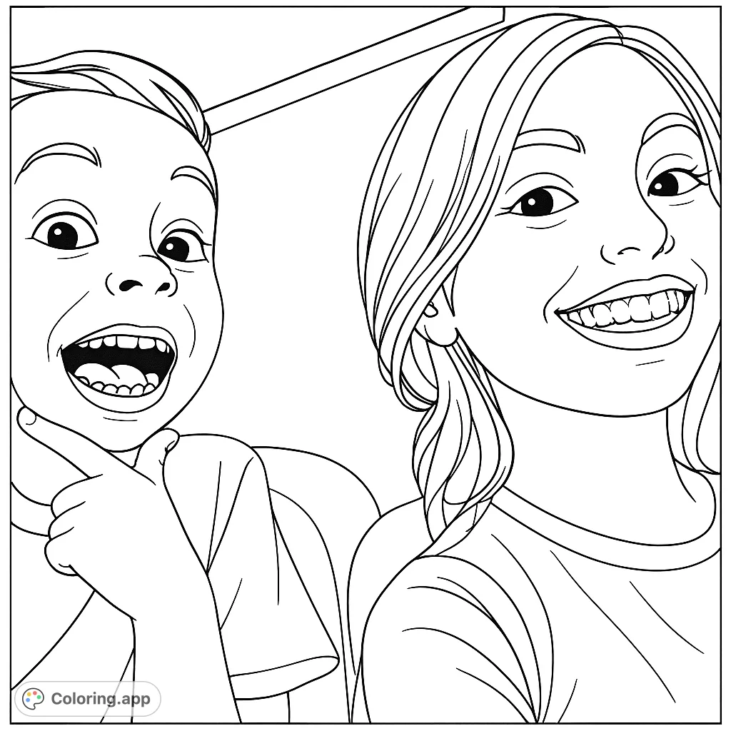 A cheerful coloring page featuring two smiling children with playful expressions and delightful sparkle effects, perfect for adding your unique touch.