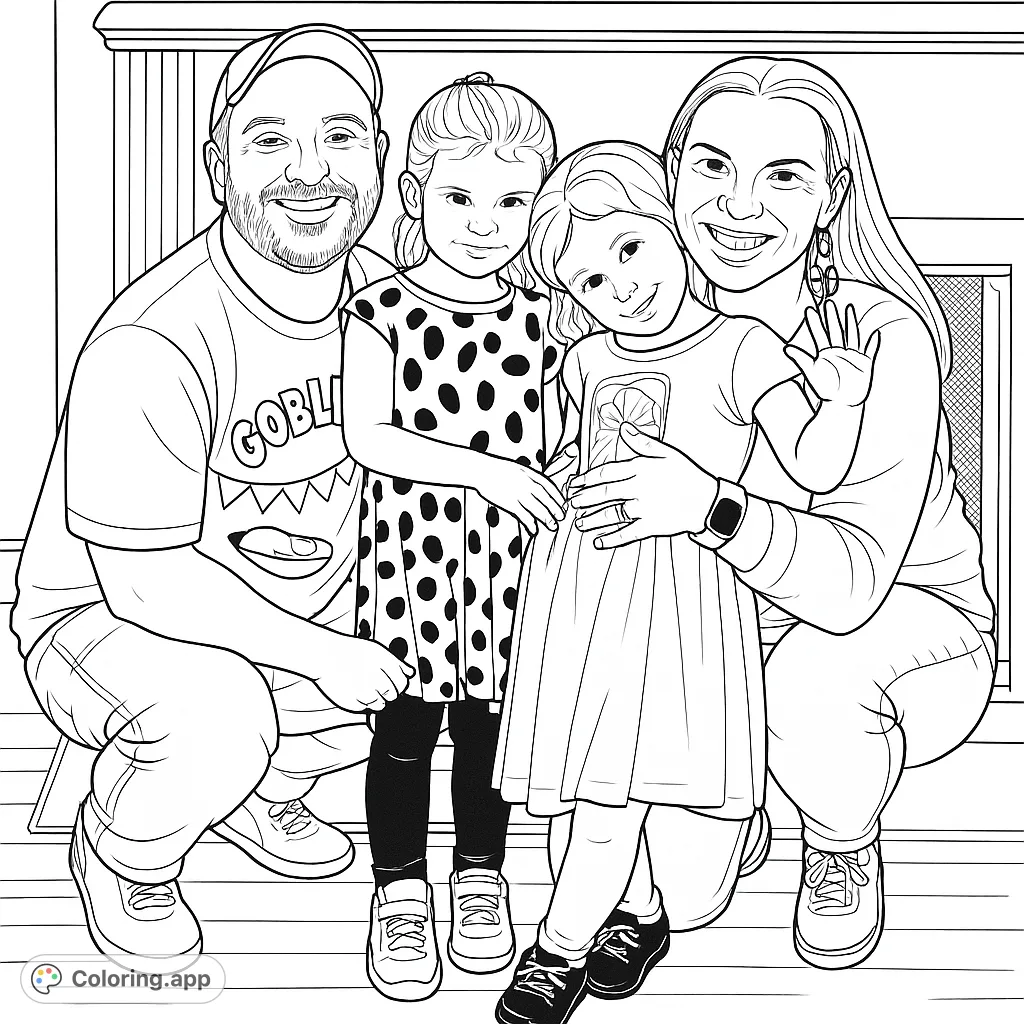 A heartwarming family portrait featuring two adults and two young girls gathered in front of a cozy fireplace, perfect for a personalized coloring experience.