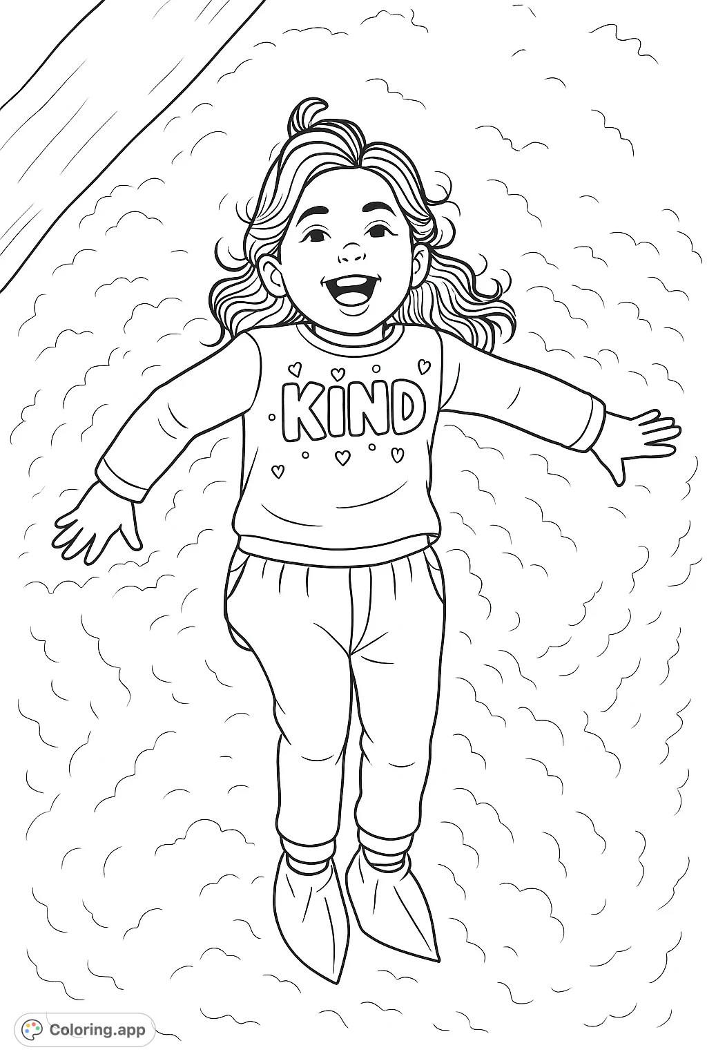 A cheerful child with a wide smile, lying on a soft, textured surface, ready for a fun coloring adventure. Features a top with a word design.