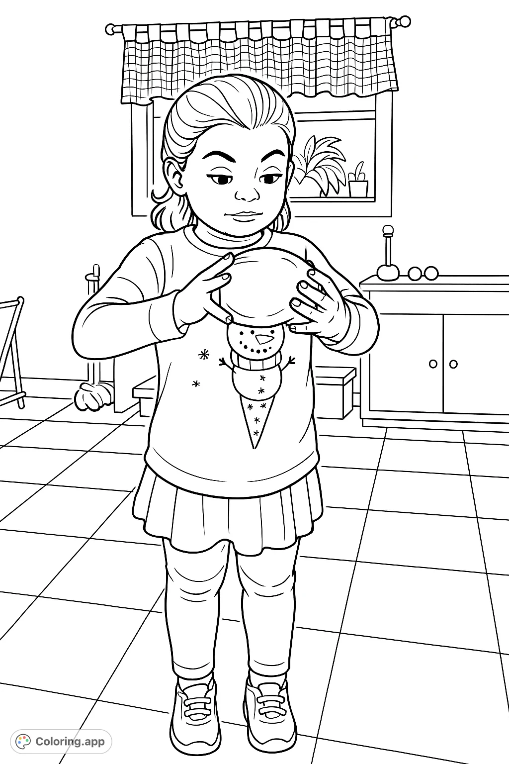 A child makes a funny face while holding a toy turkey in a play kitchen. Perfect for kids to color, featuring a detailed background and whimsical shirt design.