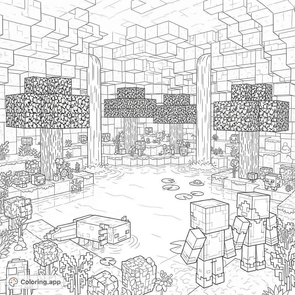 Explore a vibrant Minecraft lush cave! Steve and Alex in diamond armor watch an axolotl drink from a pond surrounded by waterfalls, blocky trees, and abundant flora.