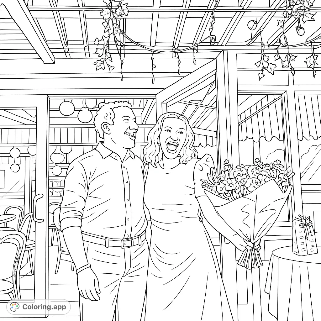 Celebrate love with this cheerful couple. She holds a beautiful bouquet as they stand smiling outside a charming venue, perfect for a joyful coloring experience.