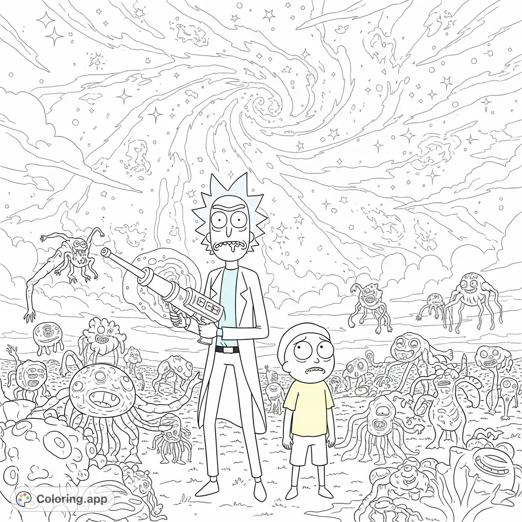 Join Rick and Morty in a fantastical celestial field, surrounded by swirling nebulae, twinkling stars, and bizarre, otherworldly creatures.