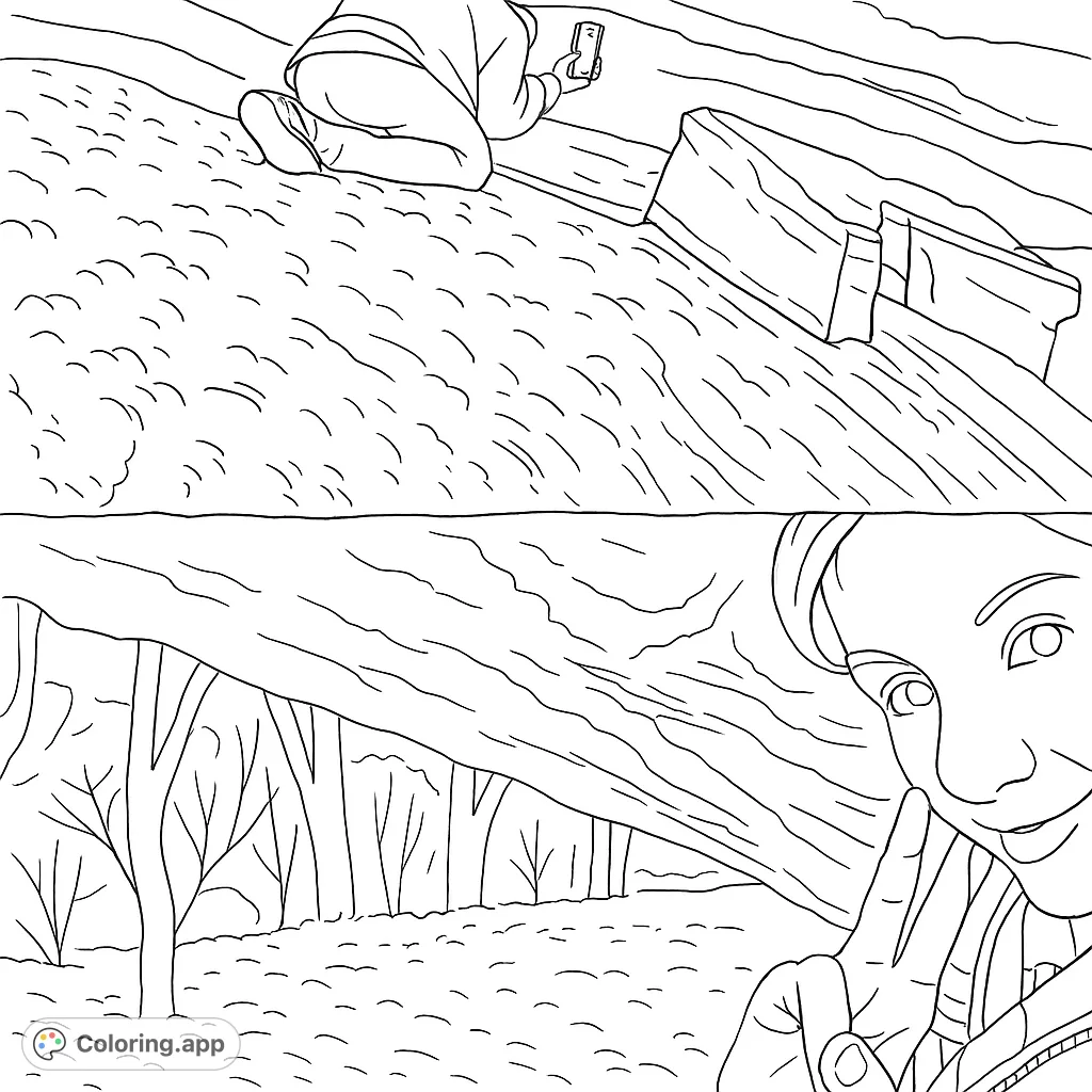 Explore a unique cave scene featuring two figures and intricate rock textures. Perfect for outdoor enthusiasts and detail-oriented colorists.