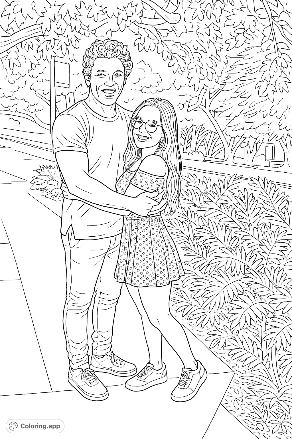 A heartwarming couple's embrace captured on a city sidewalk, surrounded by leafy foliage and urban details. A romantic and engaging coloring page.