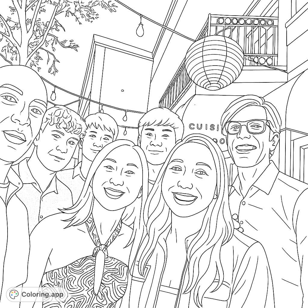 Capture a cheerful group of friends enjoying a night out with string lights and lanterns. Perfect for personalizing expressions and background details.