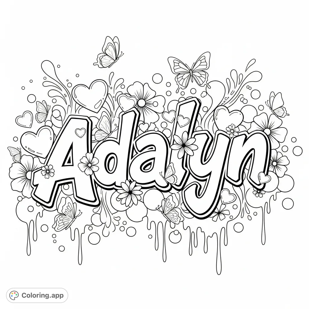 A dynamic graffiti "Adalyn" name, embellished with hearts, flowers, and butterflies, set amidst a lively backdrop of drips, bubbles, and swirls.