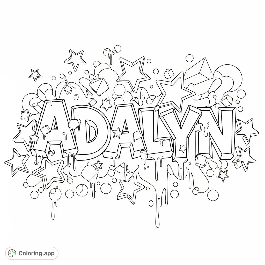 A dynamic "Adalyn" graffiti coloring page bursts with energetic swirls, drips, and stars. Perfect for personalization and vibrant artistic expression.