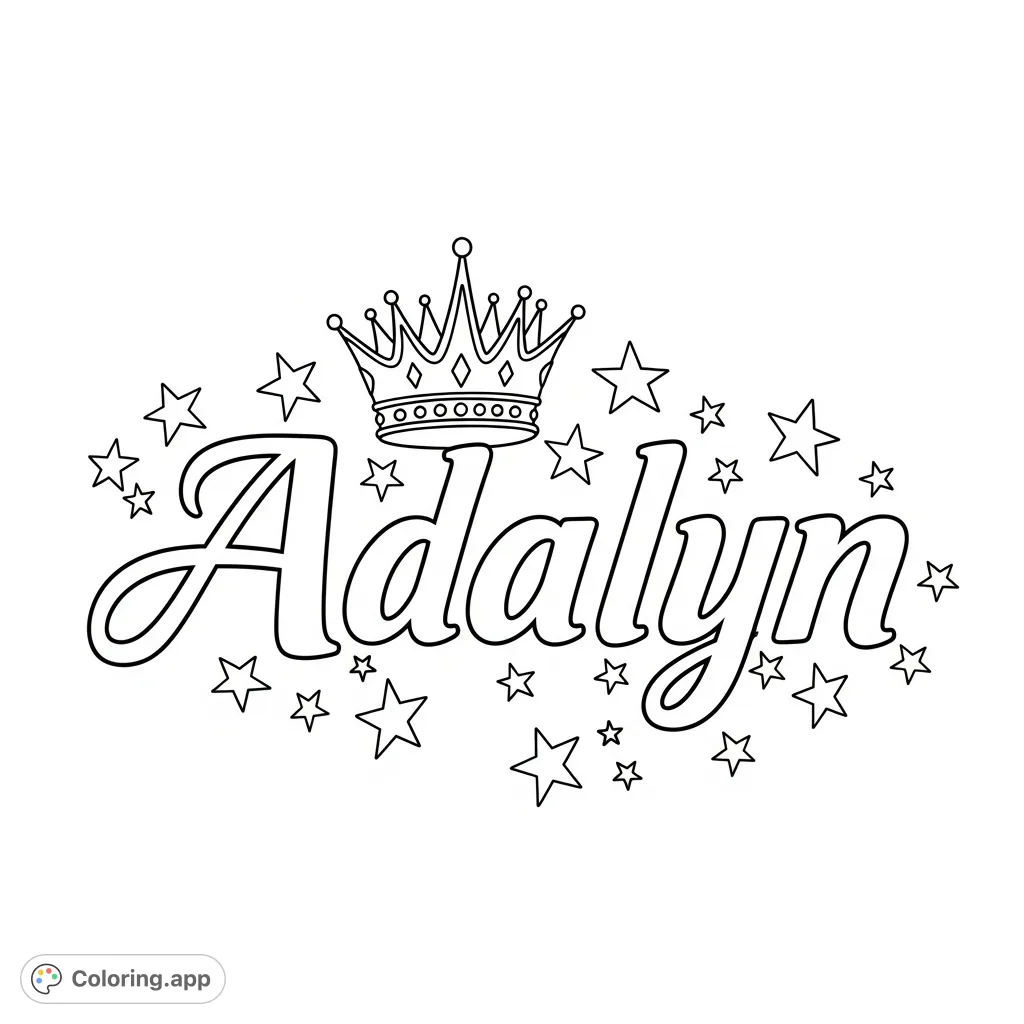 Personalize 'Adalyn' in elegant script with a regal crown and whimsical stars. A delightful, free printable Adalyn coloring page for creative expression.