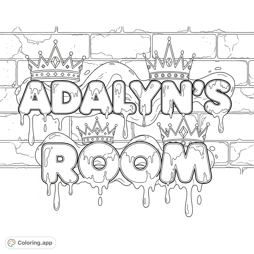 Personalize 'Adalyn's Room' with this fun coloring page featuring bold bubble letters, stylized paint drips, and elegant princess crowns against an urban wall texture.