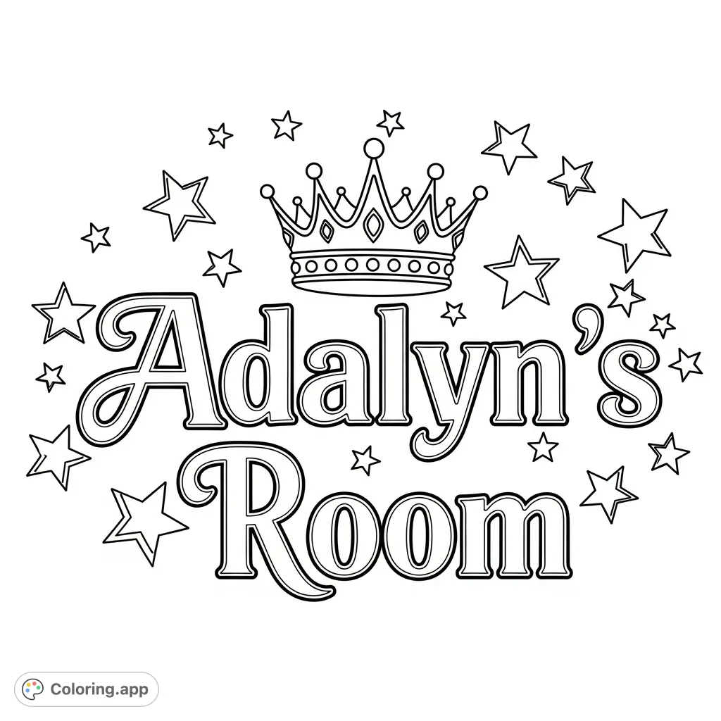'Adalyn's Room' in elegant script with a regal crown and scattered stars. A charming, personalized coloring page for creative expression and fun.