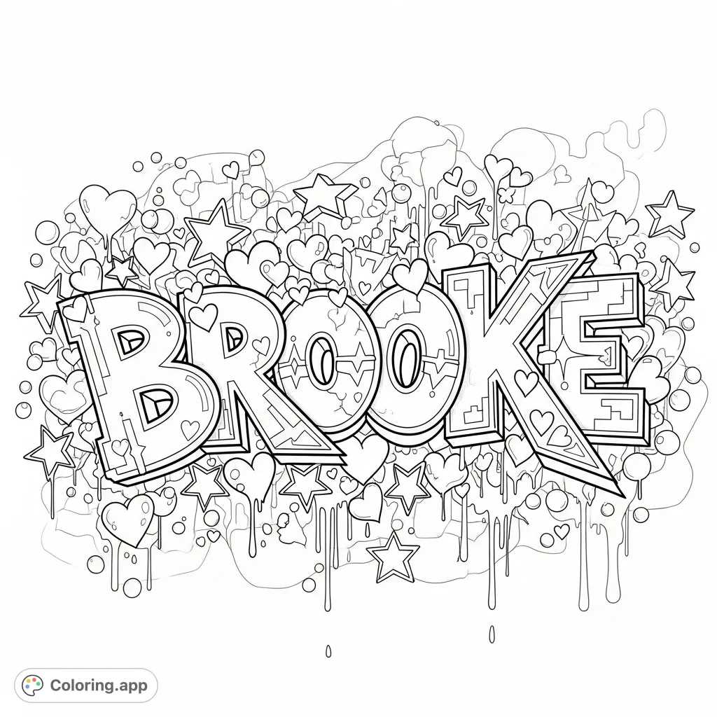 Unleash creativity with this dynamic "Brooke" graffiti coloring page, featuring intricate letters, hearts, stars, and urban textures for personalized art.