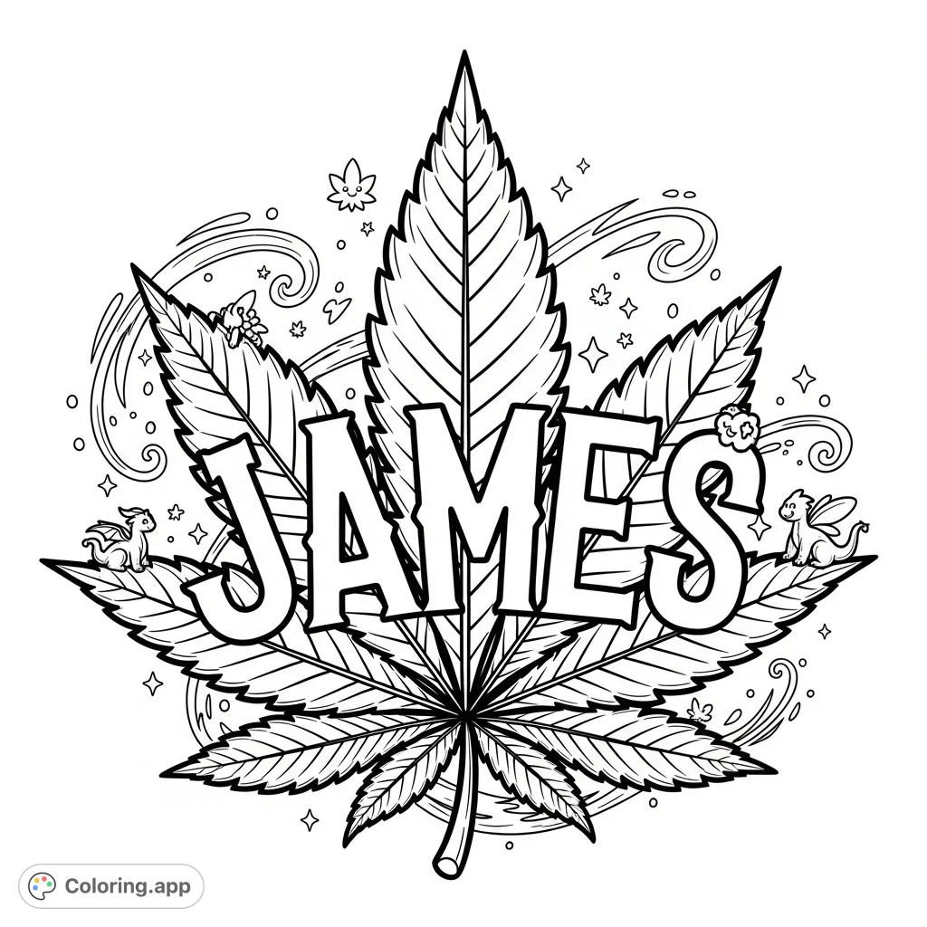 Discover a unique cannabis leaf coloring page featuring intricate venation and the name "JAMES." A creative and detailed botanical design for adults.