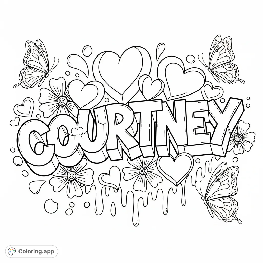 Unleash your creativity with this dynamic Courtney graffiti coloring page, featuring bold lettering, hearts, flowers, and butterflies on a bubbly background.
