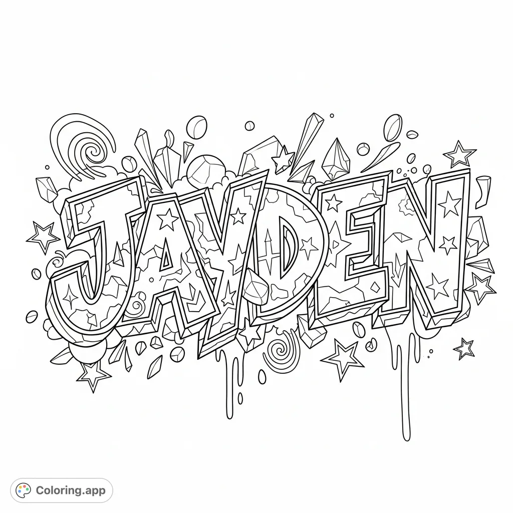 A dynamic 'Jayden' graffiti name with intricate patterns, sharp angles, and scattered stars and shapes, creating an energetic street art coloring page.