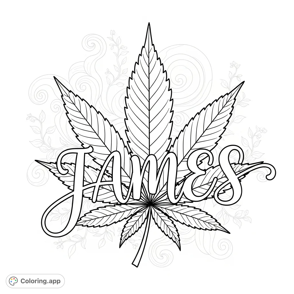 An elegant script spells "JAMES" intertwined with a detailed seven-point marijuana leaf and swirling botanical patterns, perfect for mindful adult coloring.