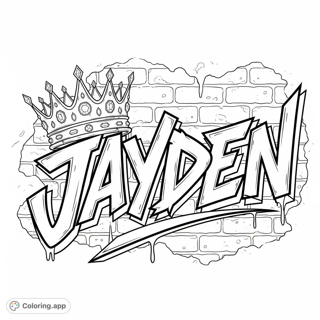 Unleash your creativity with this JAYDEN graffiti coloring page, featuring bold, layered script, a detailed crown, and an urban brick wall background. Perfect for street art fans!