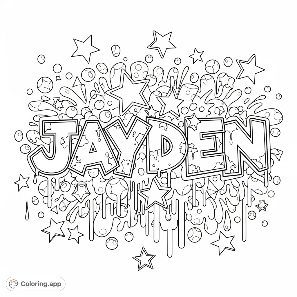 A dynamic graffiti-style coloring page featuring the name "Jayden" amidst energetic shapes, stars, drips, and swirls, perfect for creative expression.