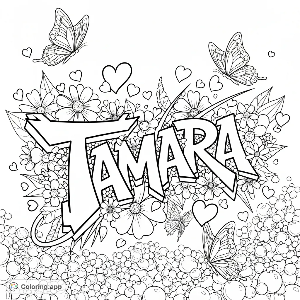 Unleash creativity with a dynamic Tamara graffiti coloring page, featuring bold lettering, hearts, flowers, butterflies, and a bubbly background.