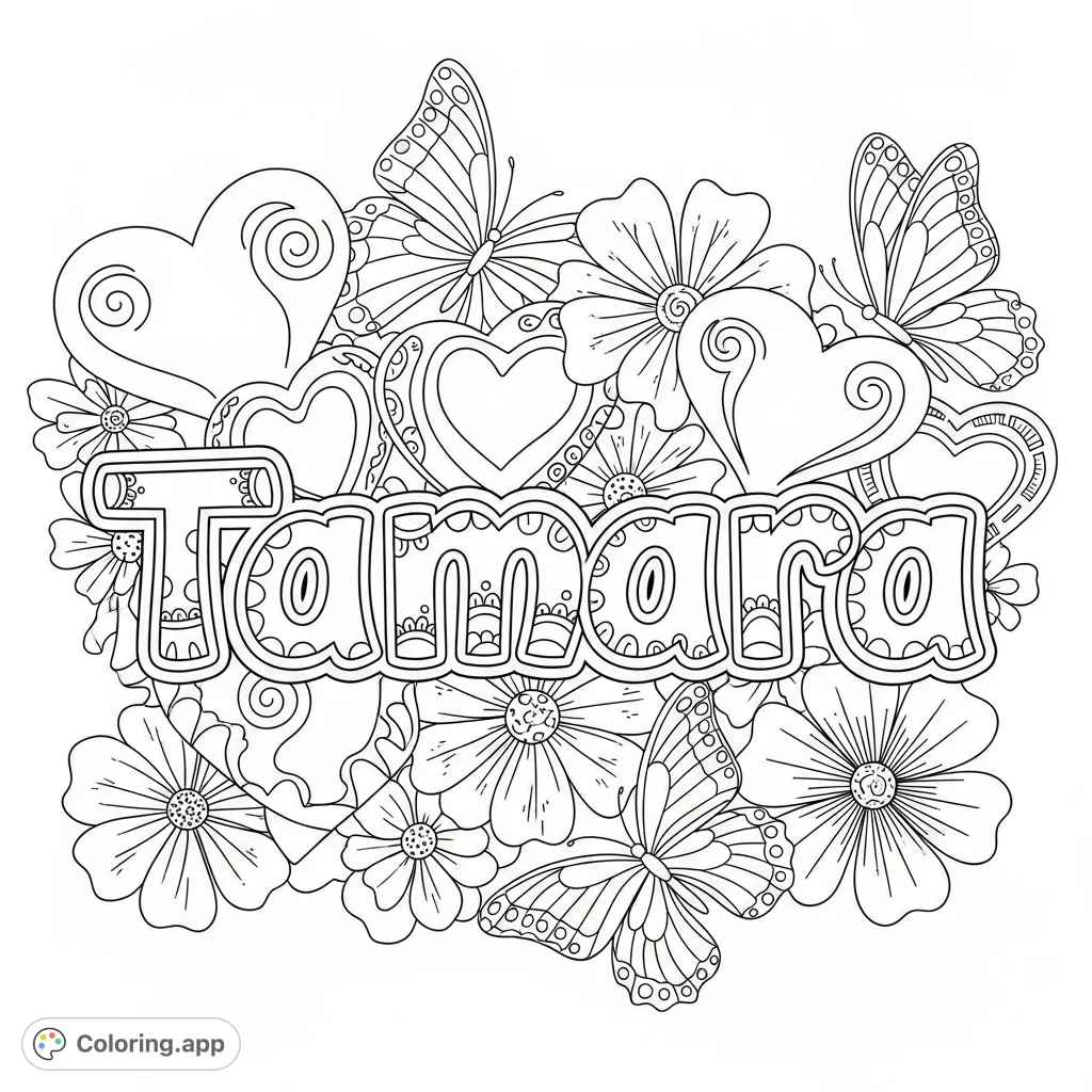 Dynamic Tamara graffiti-inspired coloring page. Features bold lettering, intricate hearts, delicate flowers, and graceful butterflies for creative expression.