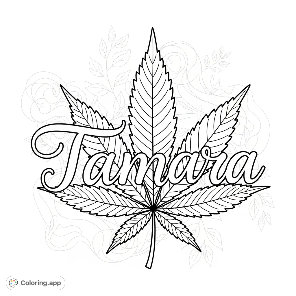 An elegant coloring page featuring the name "Tamara" in flowing script, intertwined with a stylized, intricately veined marijuana leaf and ethereal background patterns.