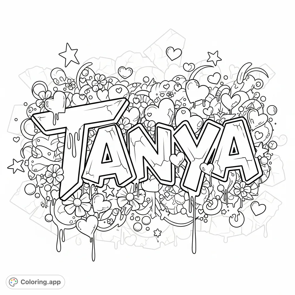 A dynamic graffiti-style "Tanya" design bursts with scattered hearts, stars, flowers, drips, and swirls against a textured urban wall background.