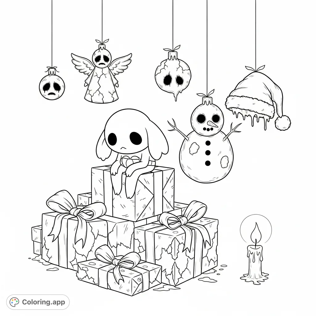 A poignant scene featuring a Pon and Zi type creature amidst decaying gifts and unsettling ornaments, with a single candle illuminating the melancholic atmosphere.