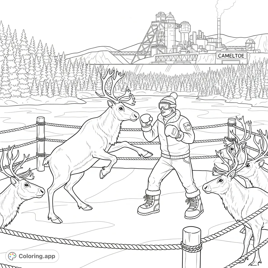 An unusual boxing match between a caribou and a man in winter gear, with caribou backup and a humorous mine site sign on a frozen Boreal lake.