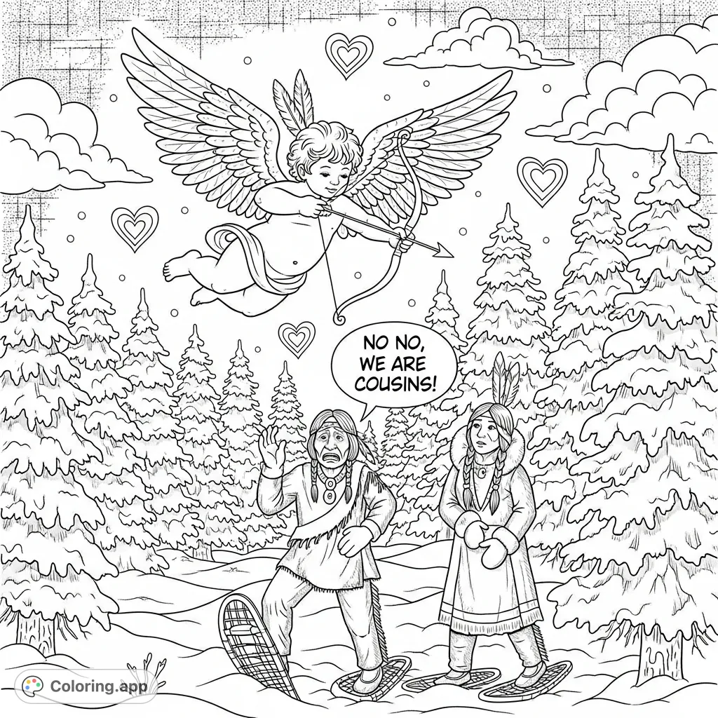 A cherub aims an arrow above a Native American couple snowshoeing through a snowy forest, as the man pleads, "No No, We Are Cousins!" A whimsical winter scene.