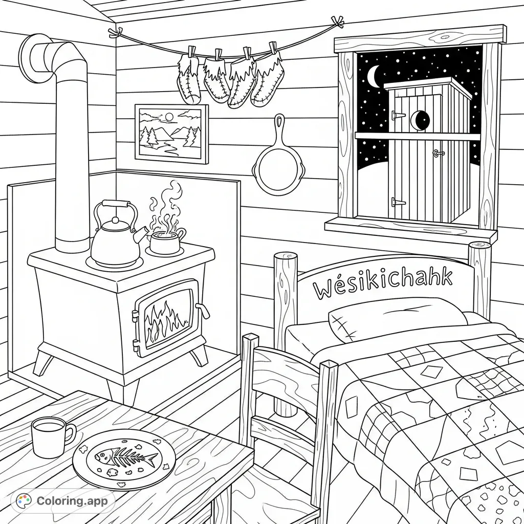 Step into a cozy cabin with a crackling wood stove, a patchwork quilt bed, and a snowy night view, perfect for a relaxing and detailed coloring experience.
