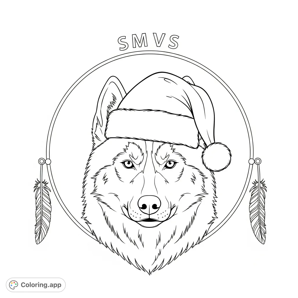 A unique husky dream catcher design featuring a detailed husky head in a Santa hat, framed by a ring with hanging feathers and "SMVS" above.