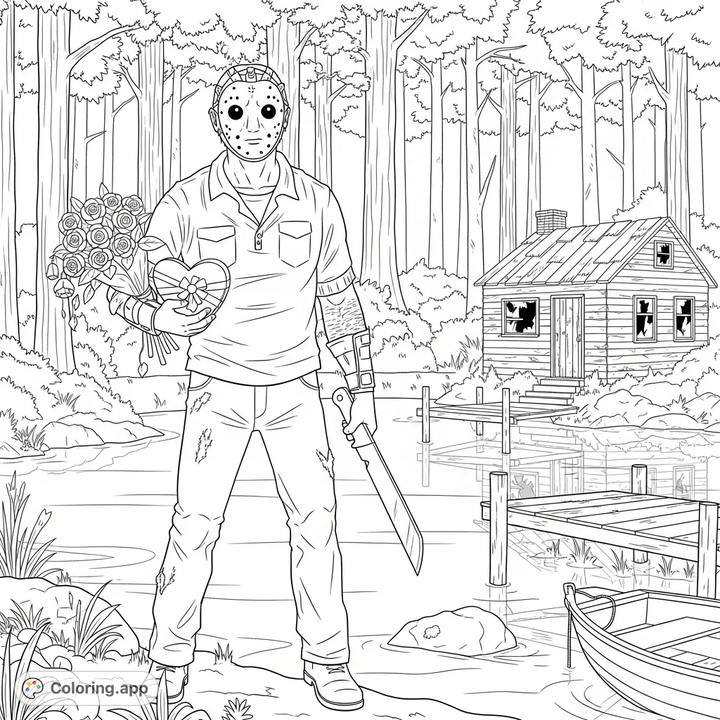 A chilling Jason the killer coloring page featuring him by a reflective lake with wilting roses and a machete, backed by a rickety cabin and sunken boat. A unique horror coloring page.