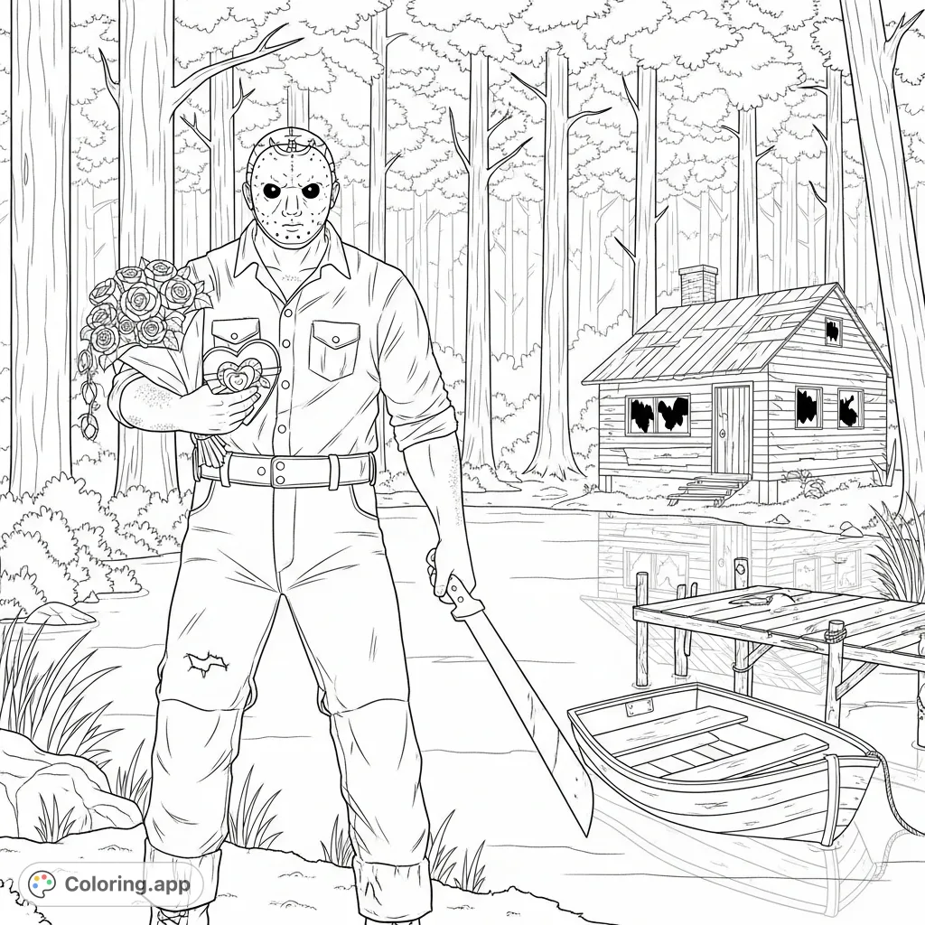 An eerie Jason the killer stands by a lake, holding wilting roses, chocolates, and a machete, with a dilapidated cabin and sunken boat in the background.