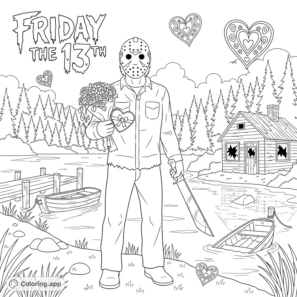 A chilling Jason the killer stands by a reflective lake, holding a wilting bouquet and machete, with a dilapidated cabin background. Features "Friday the 13th" text.