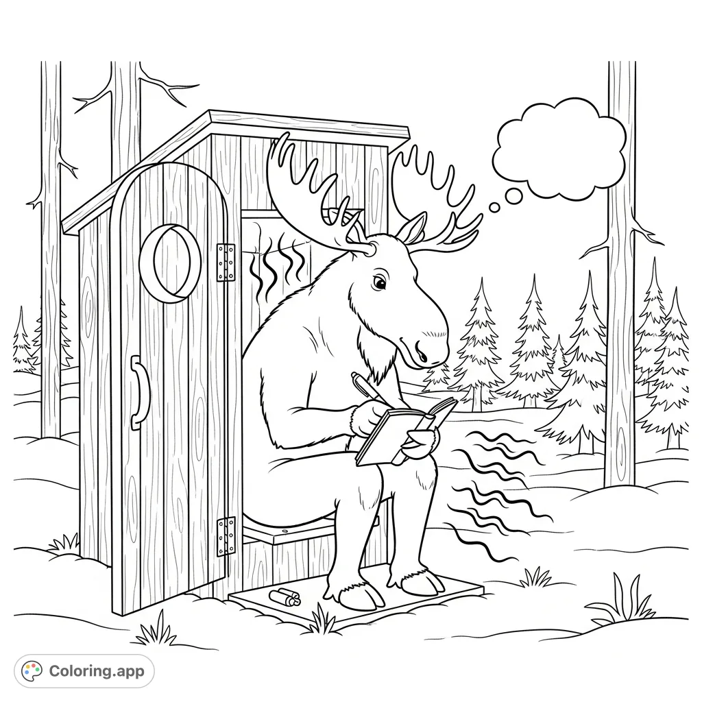 Discover a hilarious moose poet in a winter boreal forest, diligently writing in an outhouse. A unique, free printable moose coloring page for all ages!