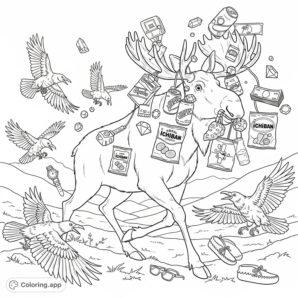 An exciting scene of ravens chasing a moose through a valley, laden with a quirky assortment of stolen items. A unique, engaging coloring page.