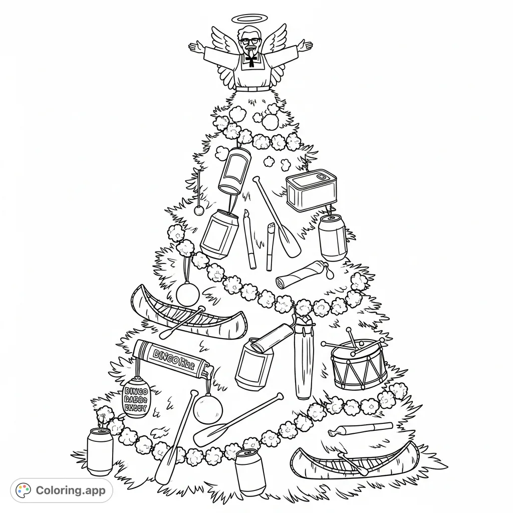A whimsical Christmas tree adorned with unusual ornaments like popcorn, spam, Pepsi cans, bingo dabbers, and cigarettes, topped by a Colonel Sanders angel figure.