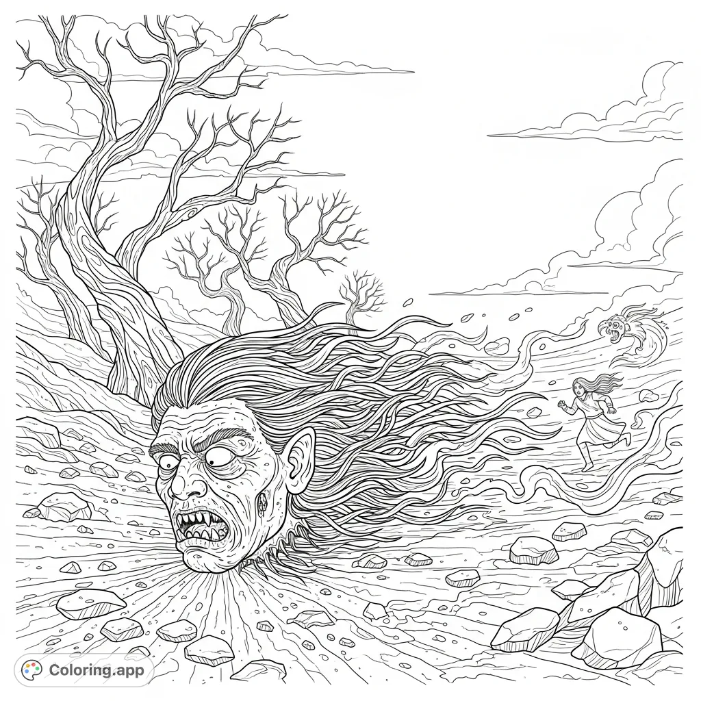 A haunting "Rolling Head" coloring page depicting the terrifying Algonquian legend. A monstrous severed head chases a fleeing figure across barren terrain.