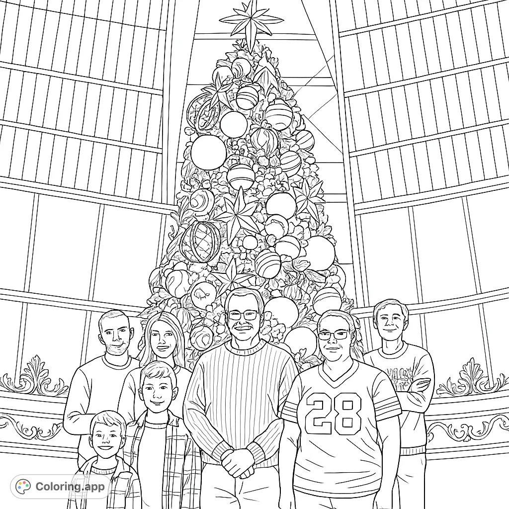 A heartwarming Christmas coloring page featuring a family gathered in front of a magnificently decorated tree in a grand hall. Perfect for festive creativity.
