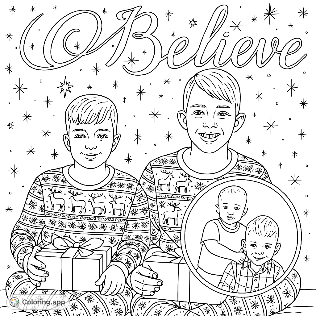 Two cheerful boys in festive pajamas hold wrapped gifts under a "Believe" message. Perfect for a Christmas coloring page with falling snow and a detailed circular photo frame.