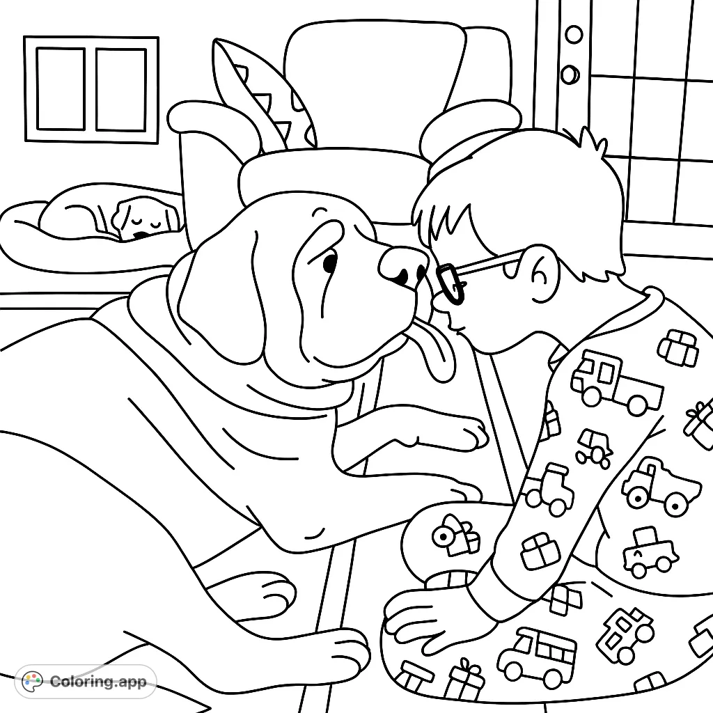 A heartwarming free printable dog coloring page featuring a large, friendly dog playfully licking a child, perfect for young animal lovers and budding artists.