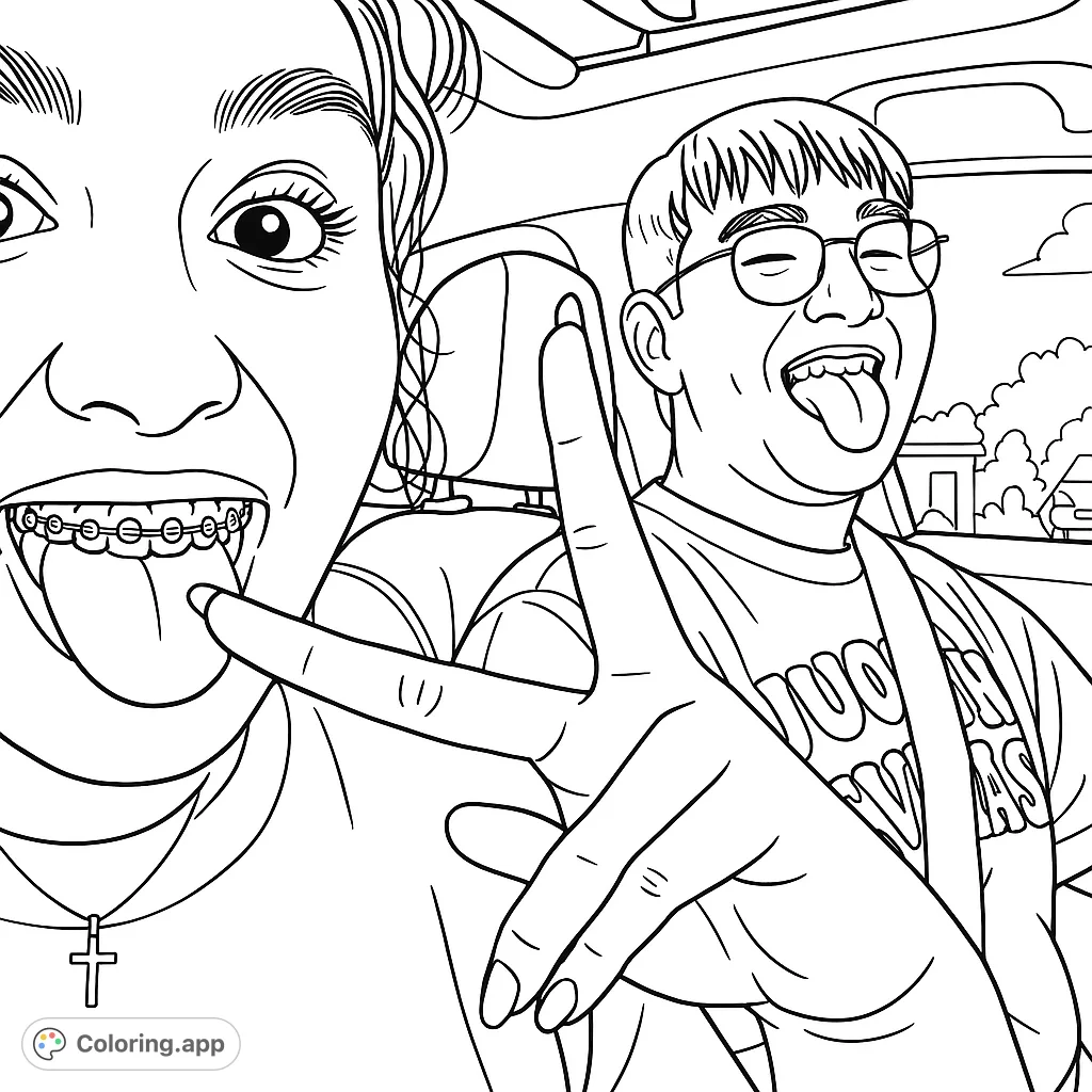Two friends share a playful car ride, making funny faces with tongues extended and a peace sign. A joyful, expressive scene highlighting friendship.